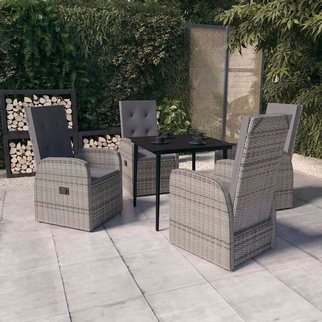 Set da pranzo da giardino vidaXL in polyrattan con tavolo in vetro e 5 sedie con cuscini, colore grigio e nero