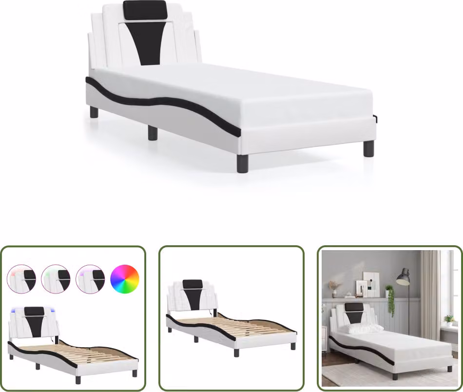 The Living Store Struttura letto con LED bianco e nero 90x190 cm in ecopelle
