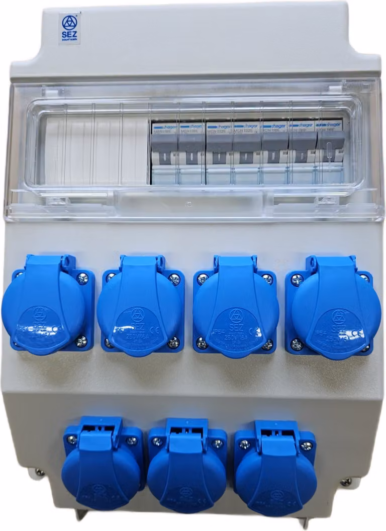 Quadro elettrico da parete, 7 prese Schuko da 230 V con fusibili HAGER LS / trifase ROS11/x-25/S 95H-3