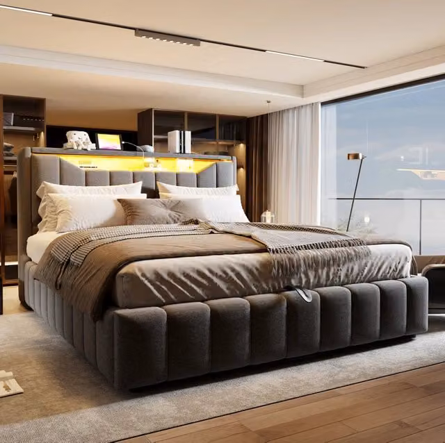 Letto imbottito 180x200 cm con contenitore idraulico, LED e porte USB/USB-C, grigio
