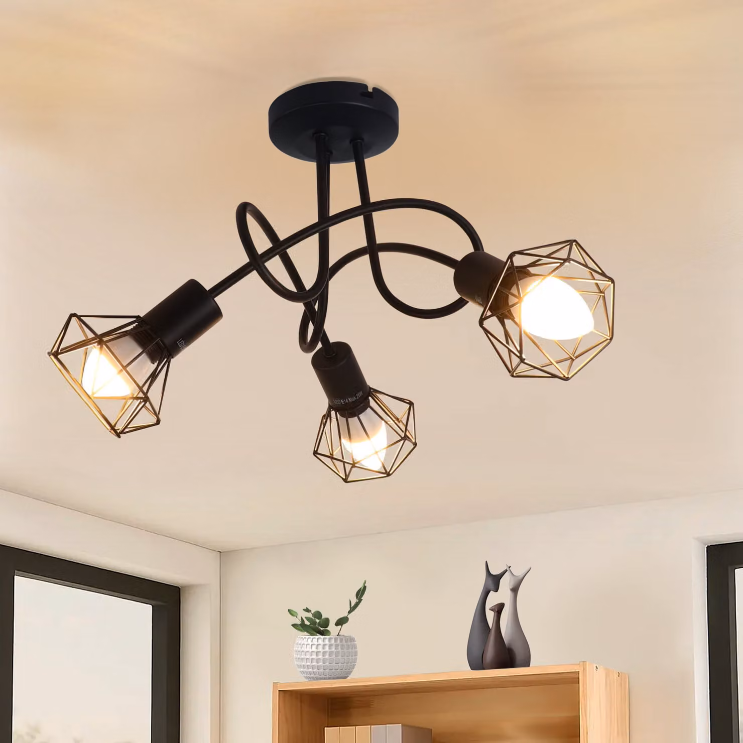 ZMH LED Faretto da soffitto a 3 fiamme nero Lampada da soffitto vintage girevole 350° industriale E14 Spot da soffitto senza lampadina
