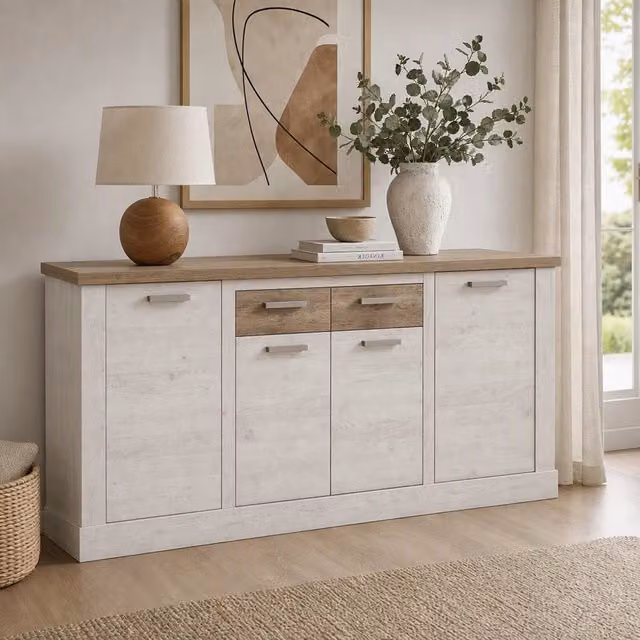 Madia Flux 4 ante e 2 cassetti 213 cm pino bianco con top rovere antico