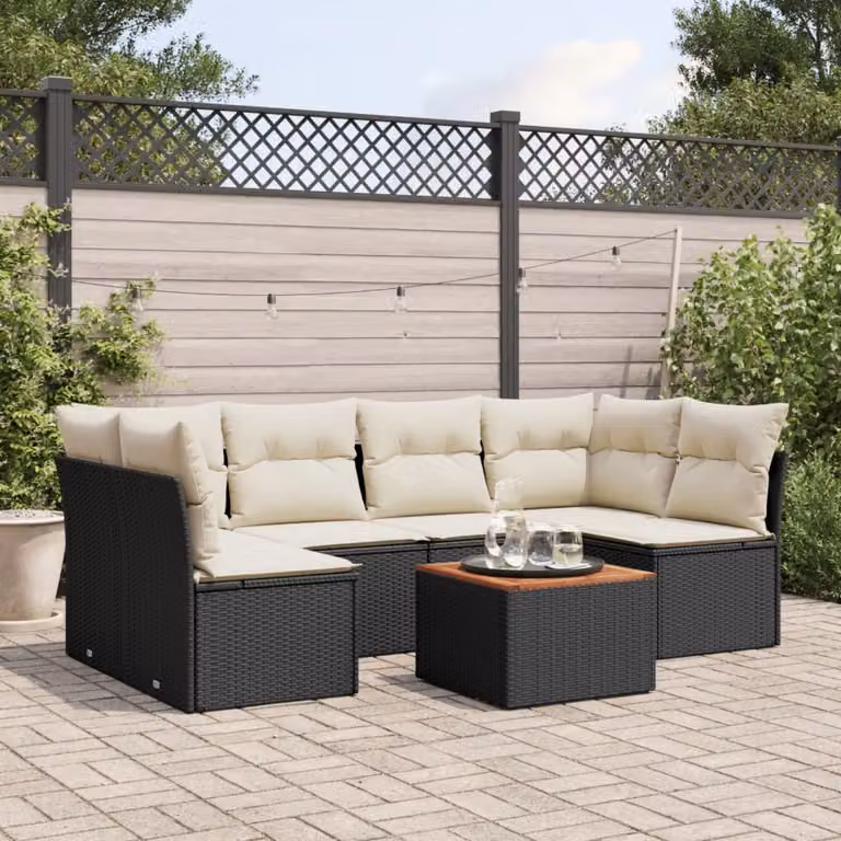 vidaXL Set Divani da Giardino a L con Cuscini 7pz in Polyrattan Nero e Tavolino da Esterno