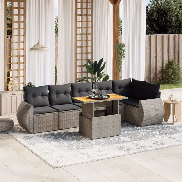 vidaXL Set Divani da Giardino 7 pz a Forma a L in Polyrattan Grigio con Cuscini e Tavolino