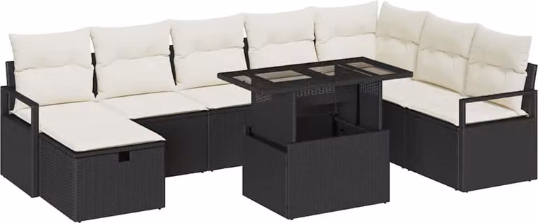 Set Divano da Giardino con cuscino 9 pcs Nero Poly Rattan