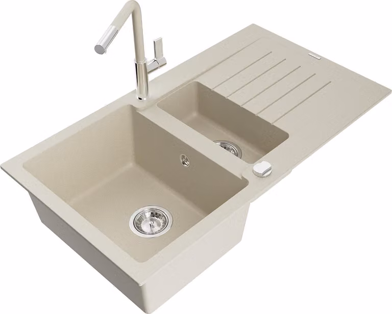 Mexen Matias lavello in granito 1,5 vasche con sgocciolatoio e rubinetto cucina Flora, beige - 6502-69-670401-09