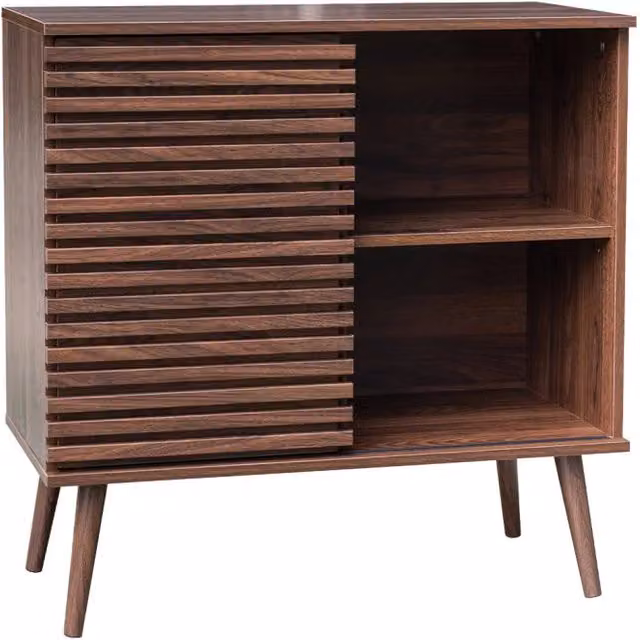 Credenza scandinava Sweeek in effetto legno marrone con anta scorrevole scanalata, L: 80 cm