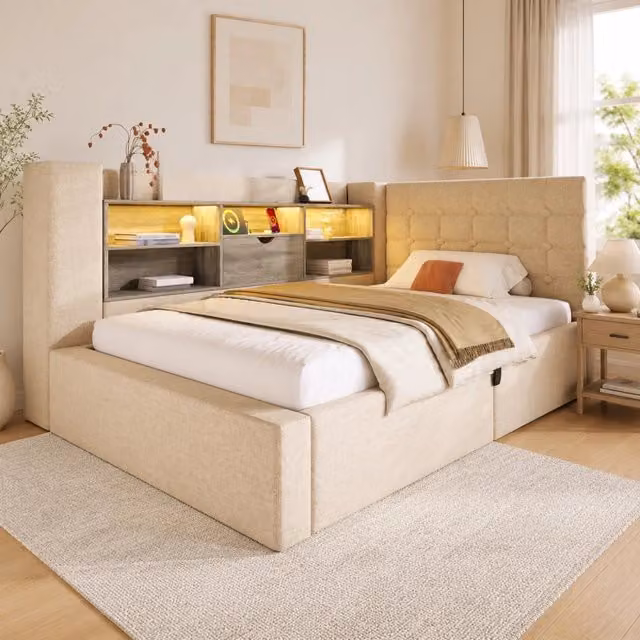 Letto contenitore ULEVR 90x190 cm con LED, porte USB e USB-C, testiera a L reversibile in tessuto beige