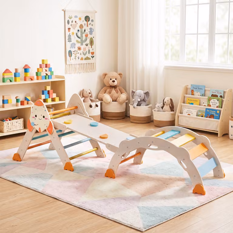 Set da arrampicata Montessori Costway 8 in 1 in legno multicolore con cuscino per bambini dai 12 mesi in su