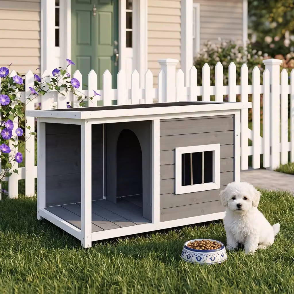 Casetta in legno per cani e gatti con terrazza e tetto apribile, modello moderno grigio per esterno e interno – 2