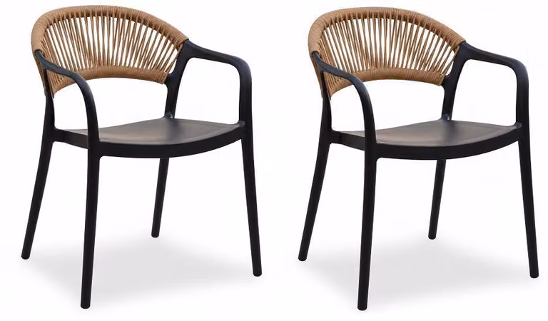 Sedia in plastica, schienale semiaperto intrecciato, colore nero e bianco