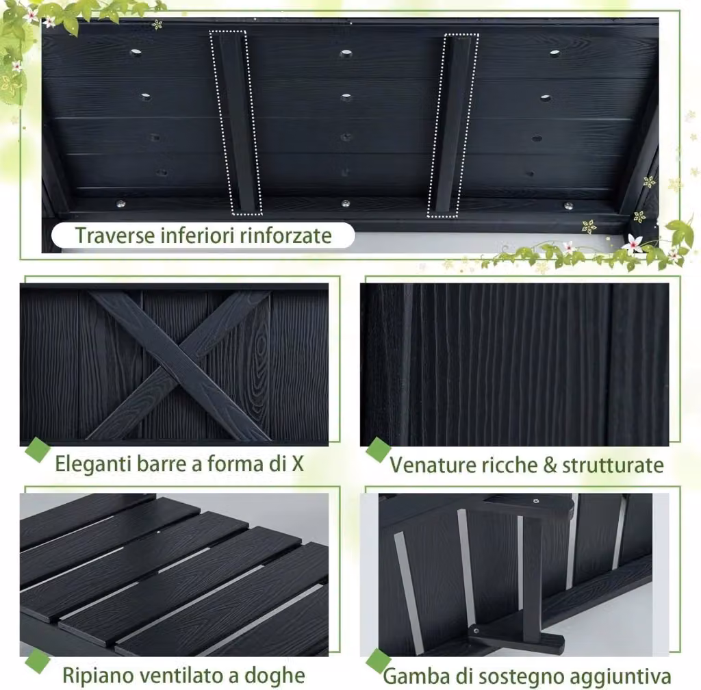 Fioriera Rialzata da Esterno Costway con Piano di Appoggio e Fori di Drenaggio, Aiuola Rettangolare in Plastica per Orto e Giardino, Grigio Scuro – 2