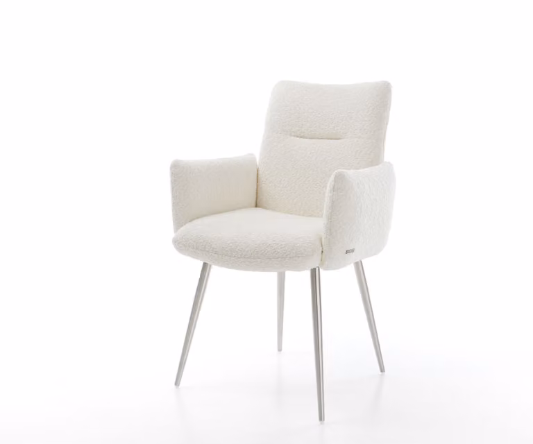 Sedia da pranzo DELIFE Jova-Flex con braccioli, rivestita in tessuto bouclé bianco, base a 4 gambe coniche in acciaio inossidabile, imbottitura con molle insacchettate