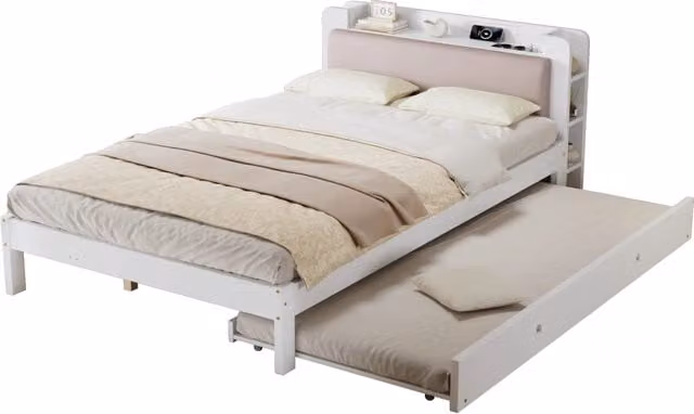 Letto in legno bianco 120x200 cm con letto estraibile 90x190 cm; testiera imbottita; mensola e stazione di ricarica