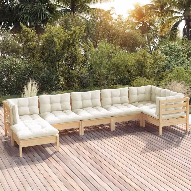 Set Divani da Giardino vidaXL 7 pz in Legno di Pino Trattato con Cuscini Beige e Ottoman a Forma di L