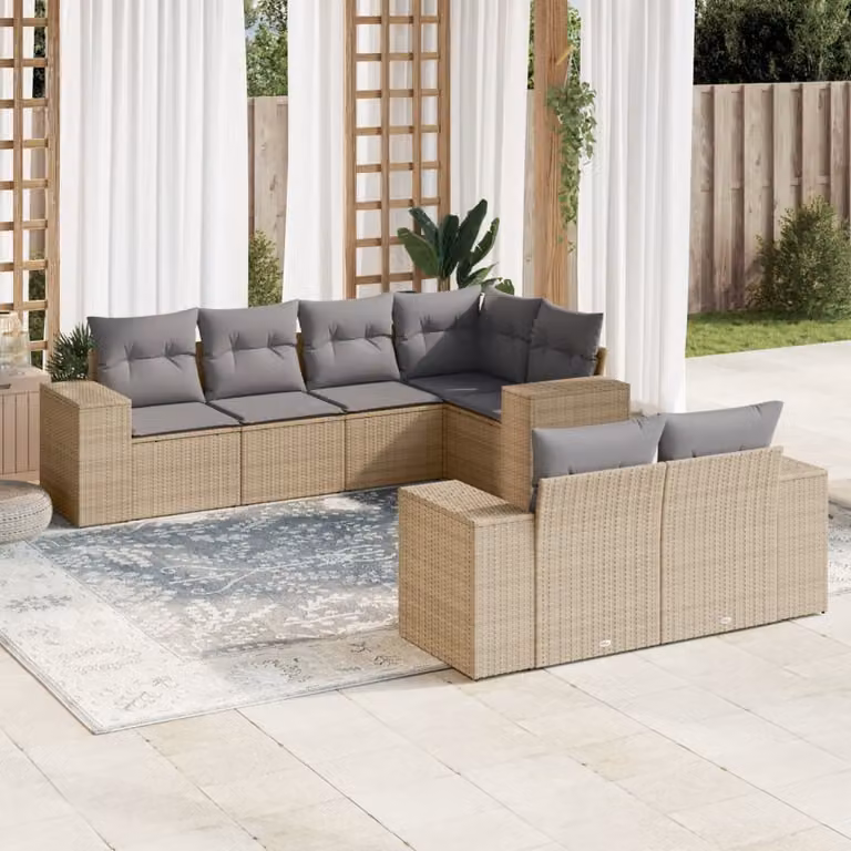 vidaXL Set Divani da Giardino a L 7 pz in Polyrattan con Cuscini Beige e Grigio