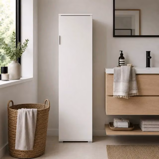 Armadio Salvaspazio THE WHITE STONE Bianco Moderno con Ripiani Interni e Ante a Battente per Lavanderia, Bagno o Cucina L/P/H: 33 x 40 x 151 cm