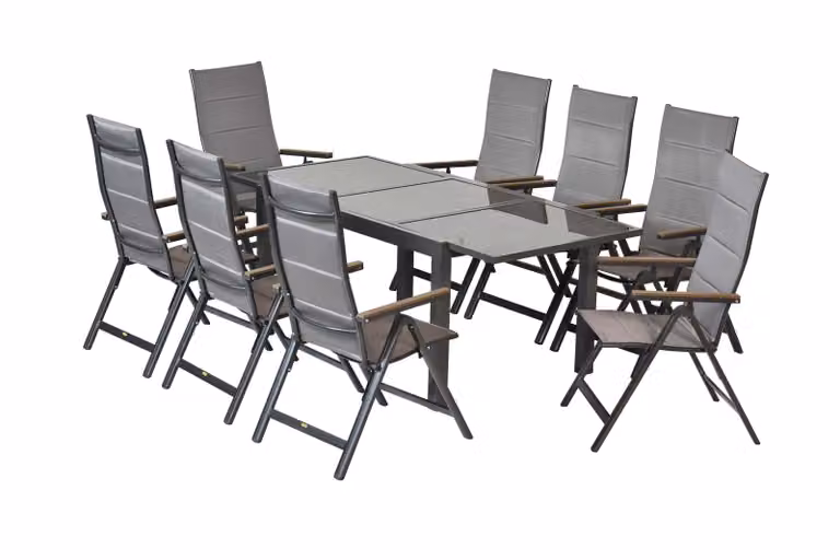 Set di mobili da giardino Merxx Trivero 9 pezzi, 8 sedie pieghevoli, 1 tavolo allungabile 140 (200) x 90 cm - alluminio/tessuto