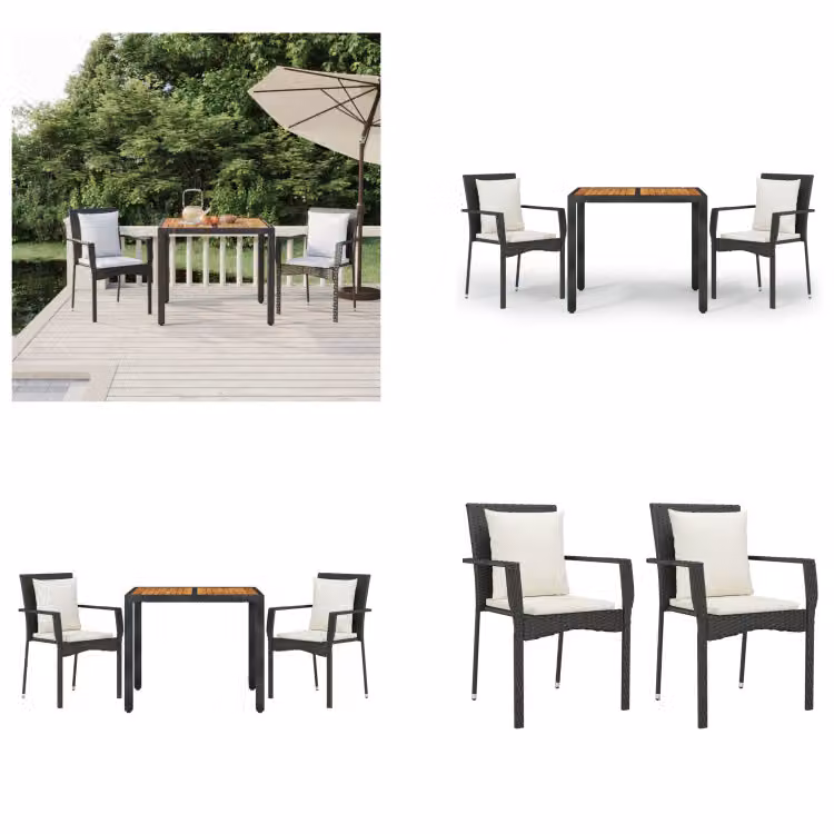 vidaXL Set da pranzo da giardino 3 pezzi con cuscini in poly rattan nero - Set da pranzo da giardino - Set da pranzo da giardino - Set da pranzo da terrazza