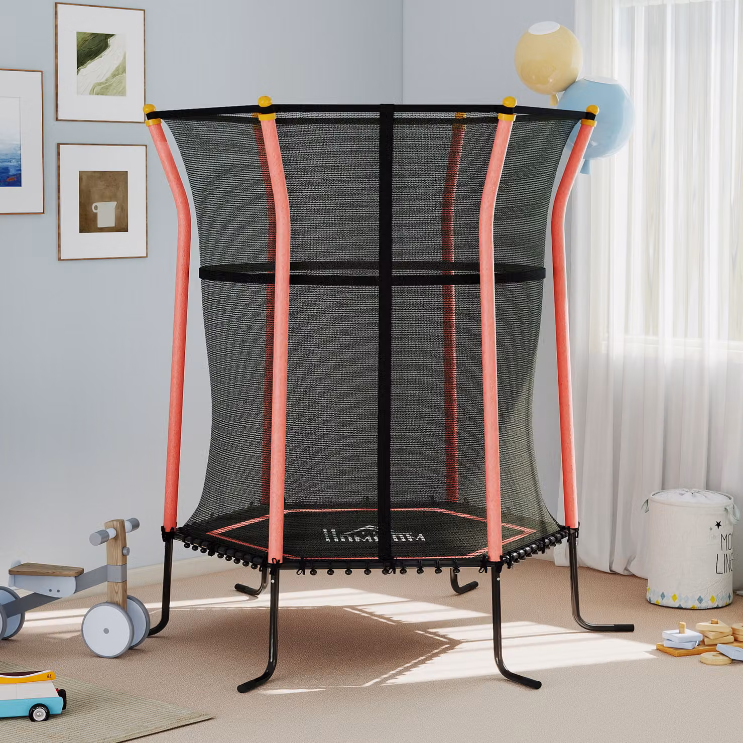 Trampolino per bambini HOMCOM con rete di sicurezza e pali imbottiti, Rosso, Ø 163,5 x 190 cm – 2