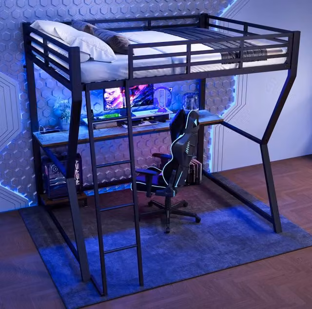 Letto a soppalco 140x200 cm nero con scrivania, LED e USB, senza materasso