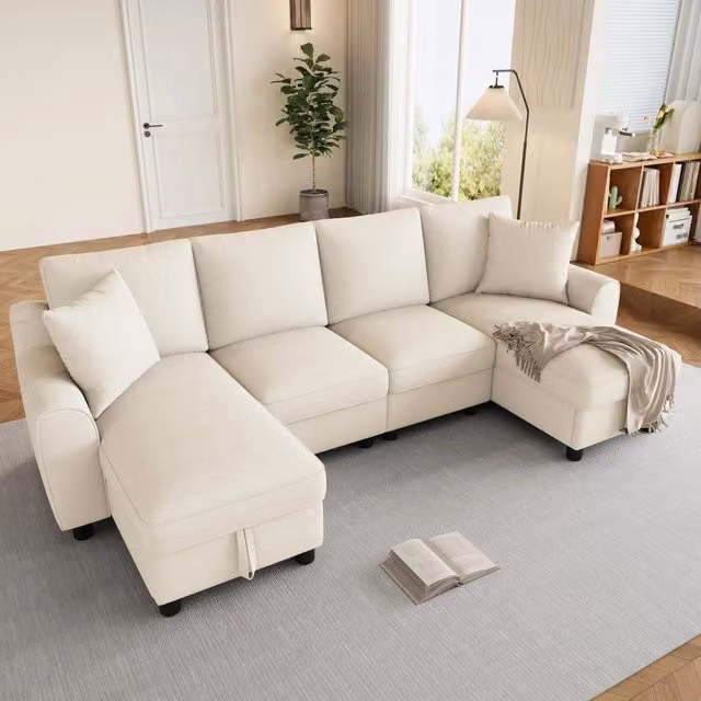 Divano a U 280x137x84 cm con chaise longue contenitore in ciniglia beige