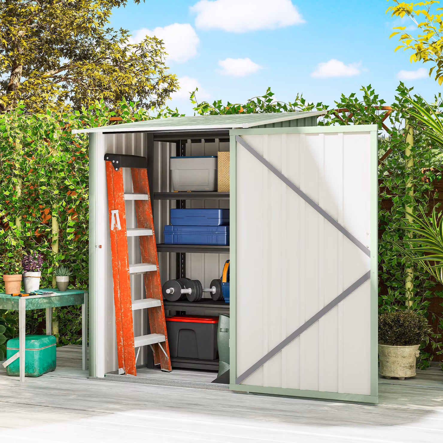 Capanno attrezzi Outsunny in acciaio verde chiaro L/P/H: 100 x 103 x 160 cm – 2