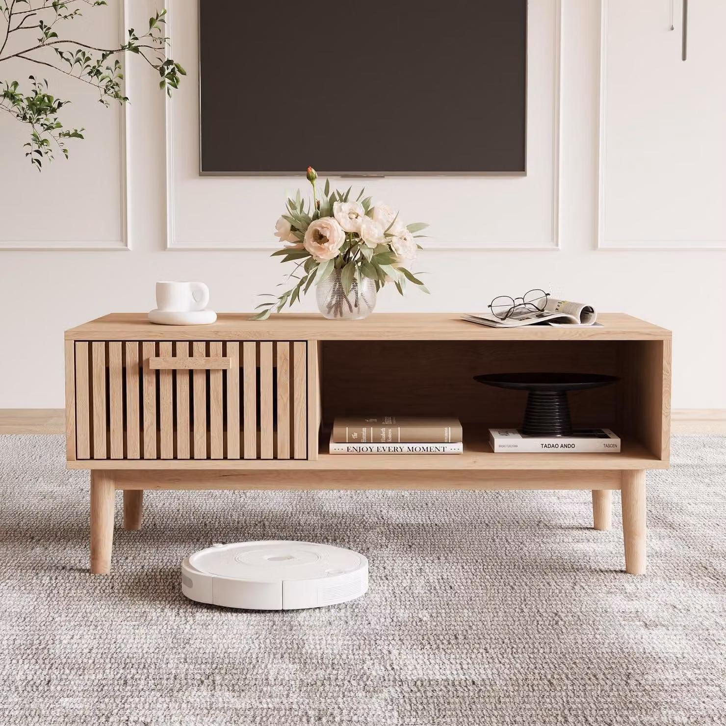 Tavolino da salotto in rattan e legno, forma rettangolare, dimensioni 100x50x43 cm, con cassetti e spazio aperto per riporre oggetti