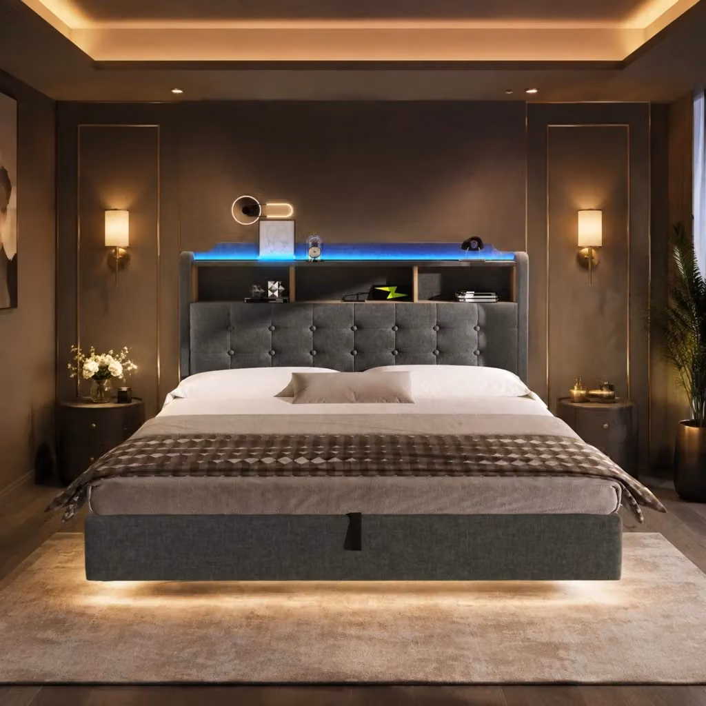 Letto Contenitore REDOM Grigio in Tessuto e MDF con Illuminazione LED e Porte USB e Type-C L/P/H: 180 x 200 x 110 cm – 2