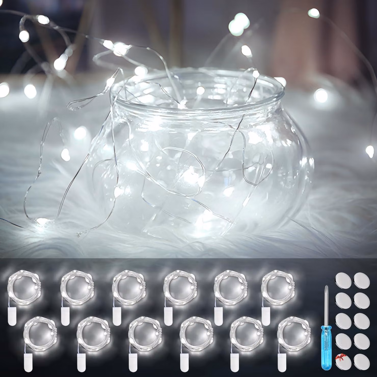 Set di 12 mini luci a LED, 20 luci, 2 metri, luce bianco caldo, grado di protezione IP67