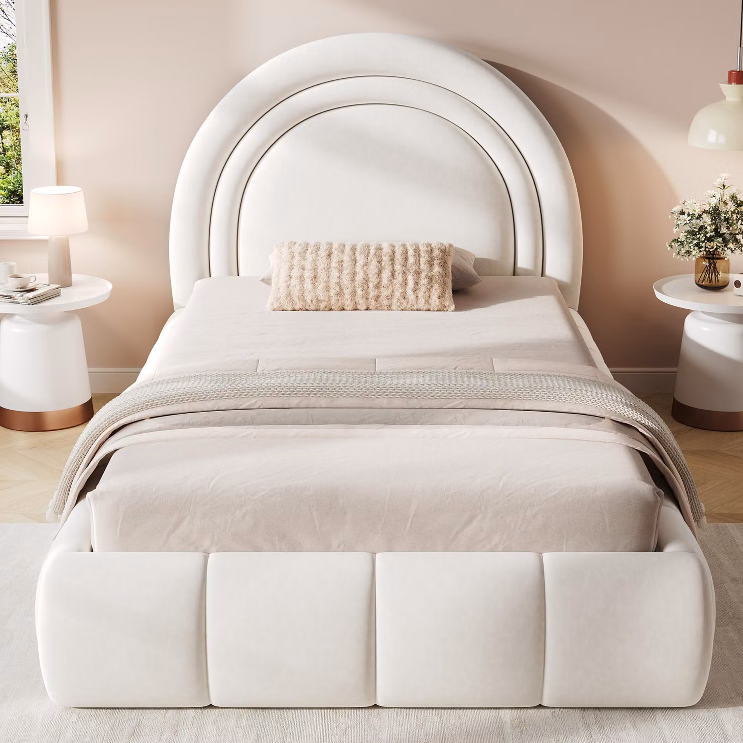 Letto imbottito per bambini Merax, 90x200 cm, letto singolo con spazio contenitore a sollevamento idraulico, letto multifunzionale con rete a doghe, testiera imbottita, tessuto velluto, colore beige