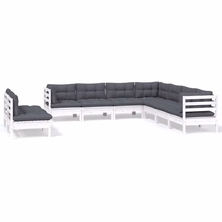 Set Divani da Giardino 9 pz con Cuscini Bianchi Legno di Pino