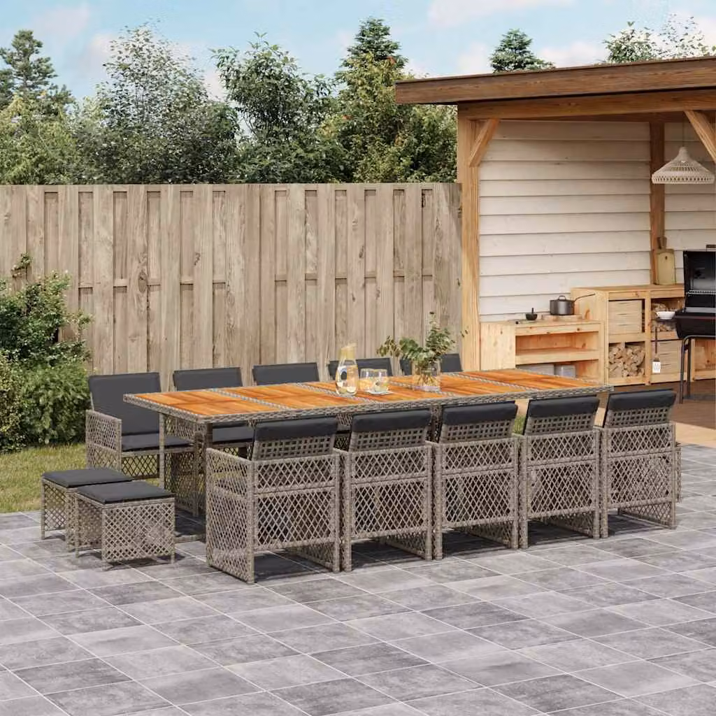 vidaXL Set da Pranzo da Giardino 15 pz in Polyrattan e Legno di Acacia con Cuscini Grigio – 1