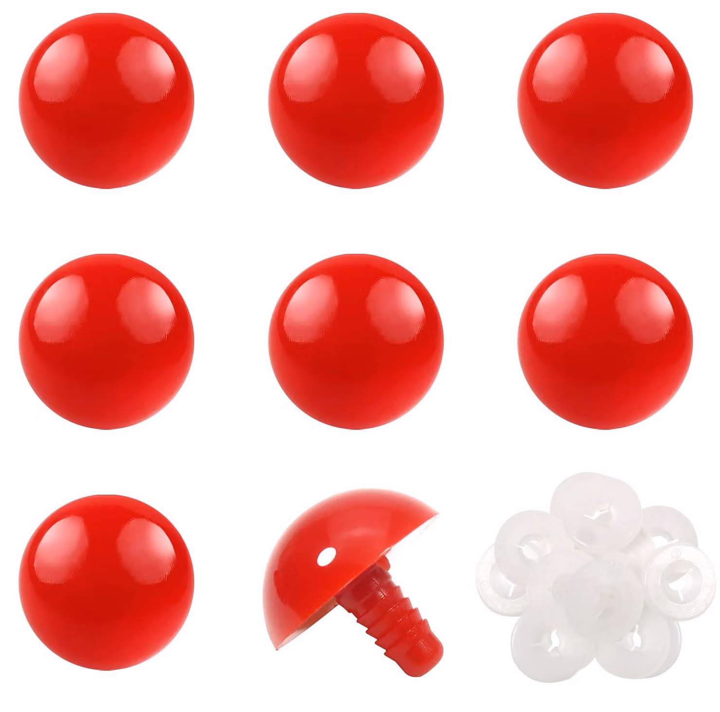 Occhi di sicurezza da 30 mm, rossi, 8 pezzi, con rondelle, in plastica