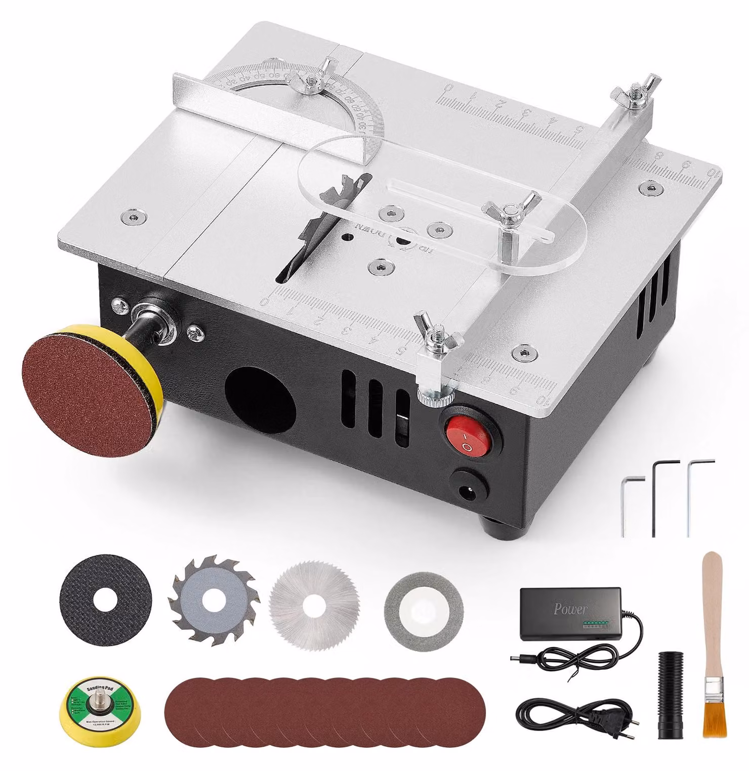Seghetto da banco multifunzione 4-in-1 - Stazione per seghetto da banco - Piano di levigatura - 7 livelli di velocità - 5000 giri/min - Angolo di taglio di 45° - Argento