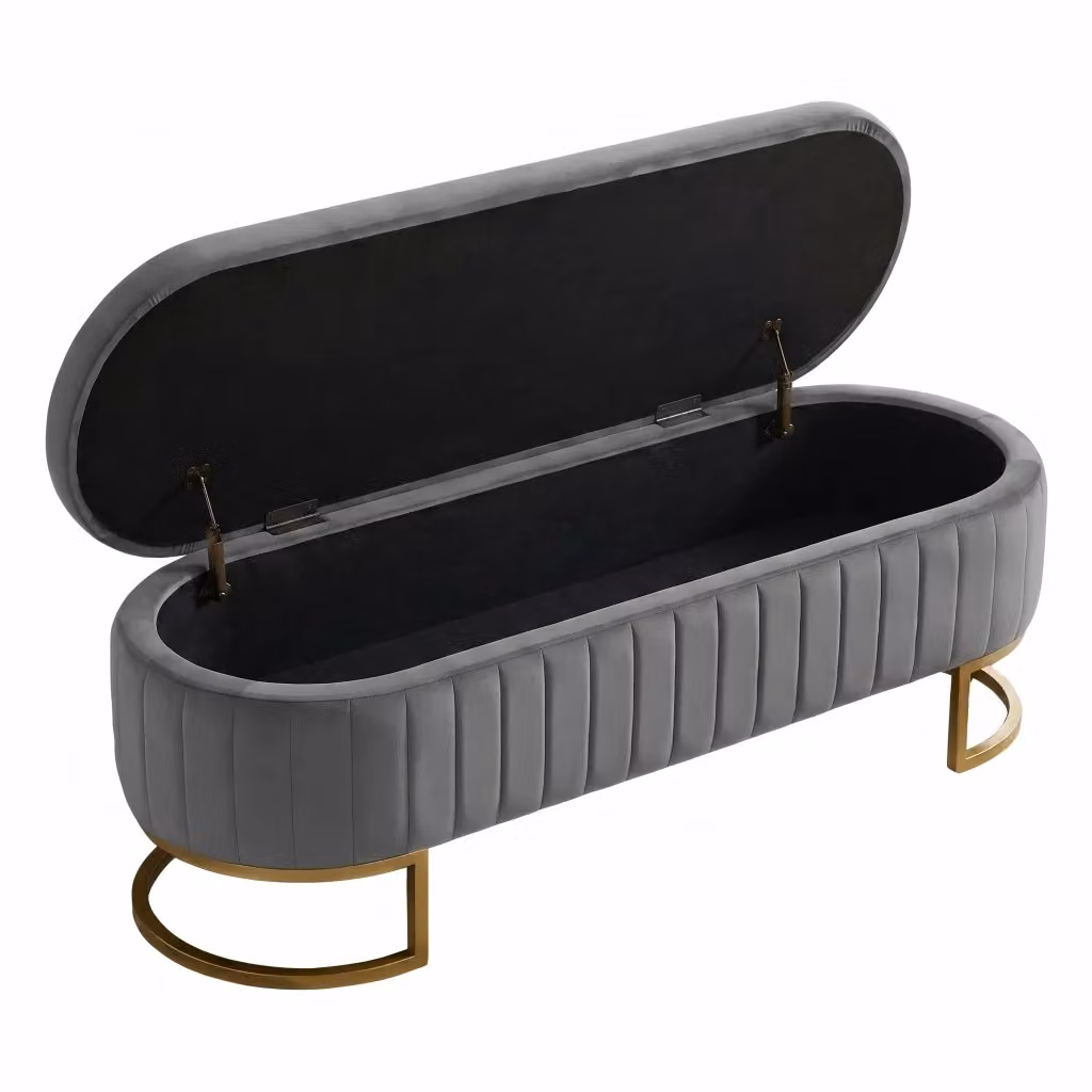 Panca Imbottita con Contenitore Minimal in Velluto Beige con Piedini in Metallo Oro – 2