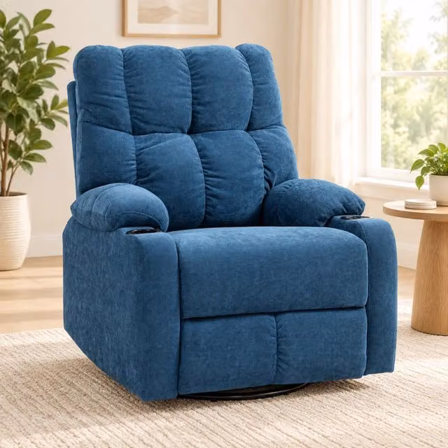 Poltrona relax 96x88x108 cm reclinabile girevole e a dondolo in poliestere blu