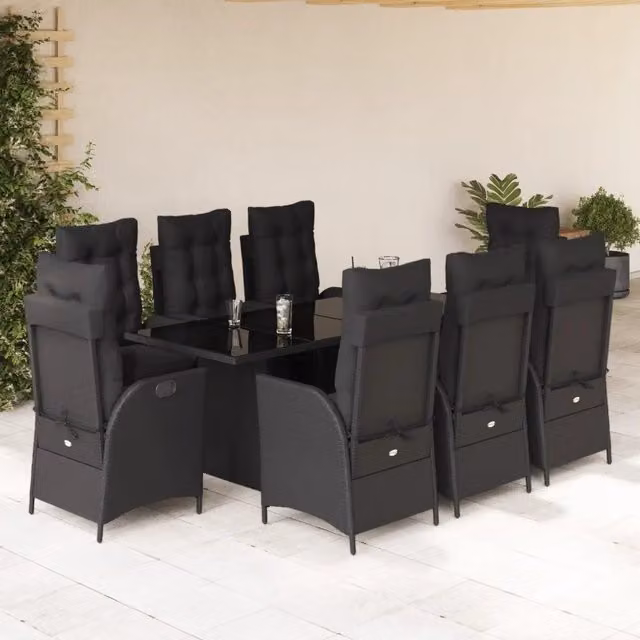 Set da pranzo da giardino vidaXL in polyrattan nero con tavolo in vetro e 9 sedie con cuscini – 1