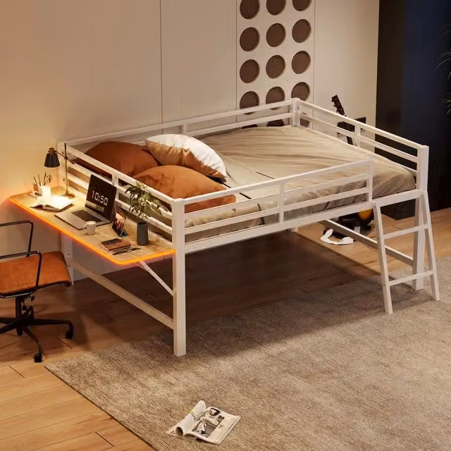 Letto a Soppalco MINIMAL con Scrivania e Illuminazione LED in Metallo Bianco L/P: 140 x 200 cm