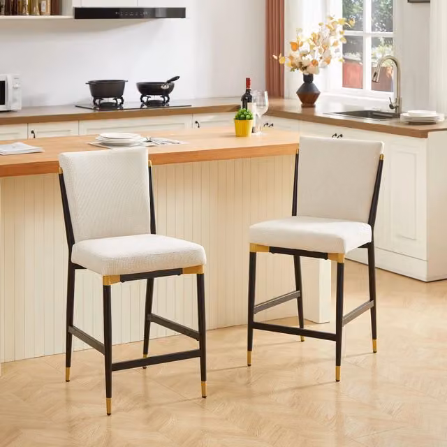 Set di 2 sgabelli da bar Zephmum in stile scandinavo con struttura nero-oro e cuscino beige, H: 102 cm, L: 49 cm, P: 40 cm