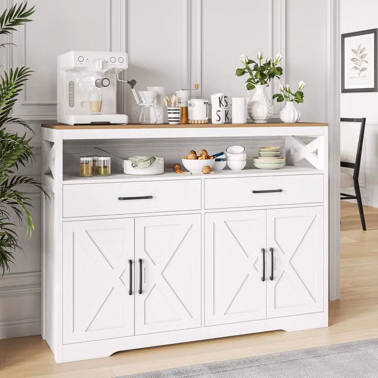 Mobile contenitore con piano di lavoro, larghezza 140 cm, 2 cassetti, 4 ante, finitura effetto legno bianco, dimensioni 140x40x105 cm
