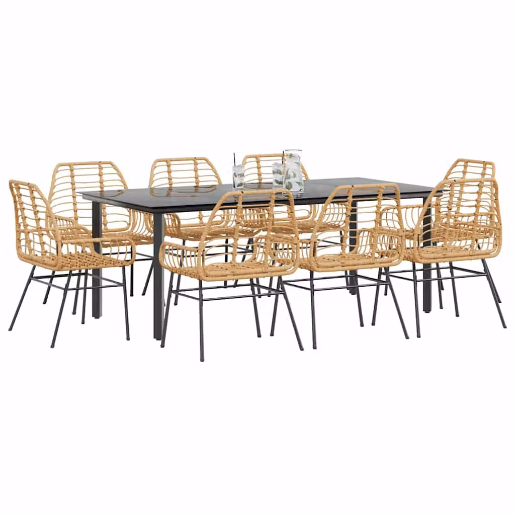 Set da Pranzo da Giardino vidaXL in Polyrattan e Vetro, 9 Pezzi, Moderno, Disponibile in Nero, Marrone o Grigio