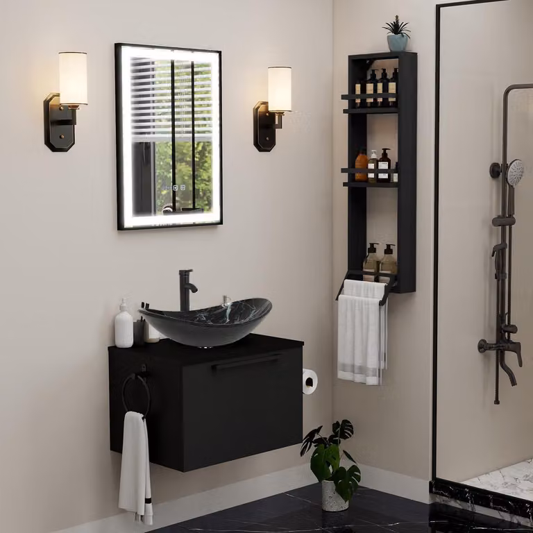 Set per bagno con lavabo sospeso, 60 cm, finitura opaca nera, completo di lavabo e spazio contenitivo