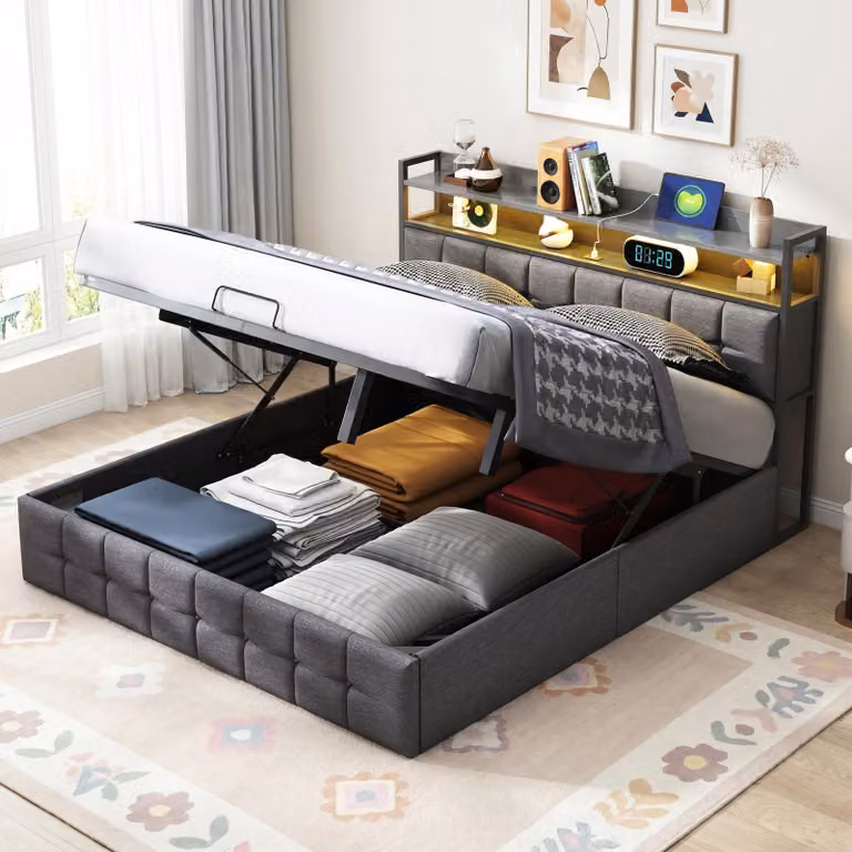 Letto imbottito INONEFT 140x200 cm con LED e porta USB di tipo C, letto con box contenitore ad apertura idraulica, letto matrimoniale per giovani con rete a doghe e contenitore, colore grigio lino