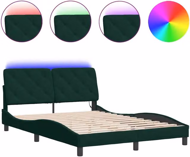 Letto matrimoniale | Letto per adulti | Giroletto con LED senza Materasso Verde Scuro 140x190 cm in Velluto