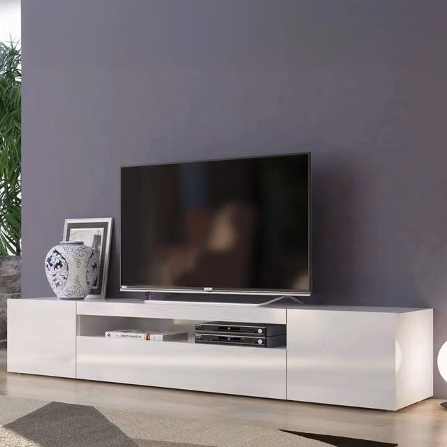 Mobile da soggiorno Porta Amore DMORA in legno bianco lucido con 3 ante e ripiani L: 200 cm, P: 40 cm, H: 37 cm – 1