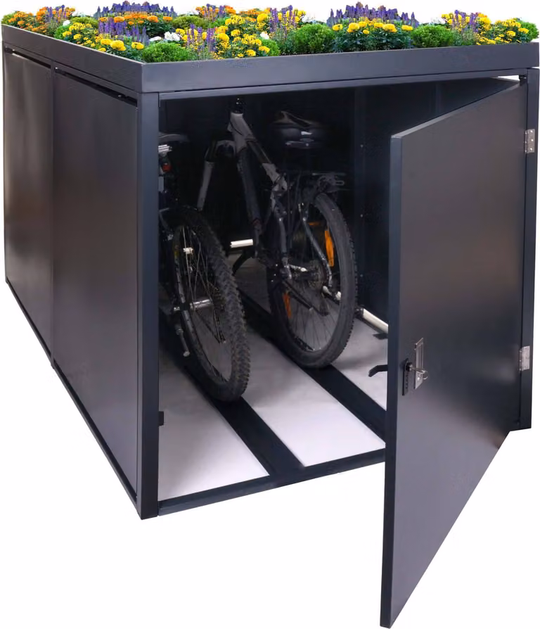 garage per 2 biciclette con fioriera HWC-L56b, box per biciclette, acciaio zincato con serratura 125x113x208cm ~ antracite