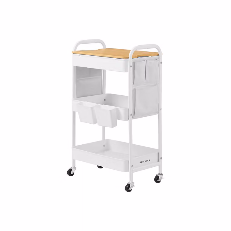Carrello a 3 Ripiani con 2 Contenitori Pensili 6 Tasche Laterali, Bianco Nuvola