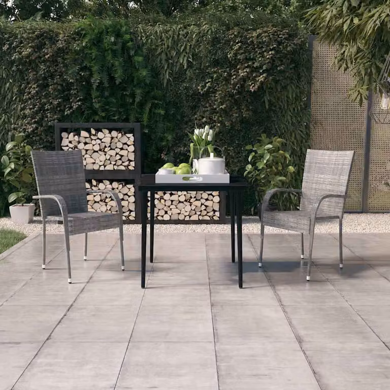 Set da pranzo da giardino moderno vidaXL in polyrattan e vetro, 3 pezzi, Grigio e Nero