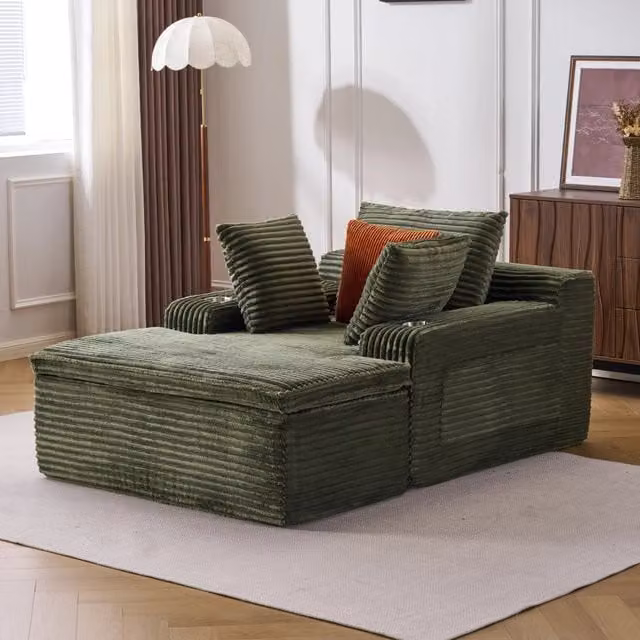 Divano angolare convertibile senza struttura con cuscini e portabicchieri in velluto a coste verde 165 × 112 × 63 cm